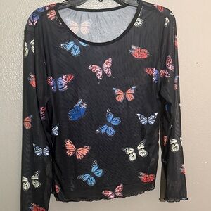 SHEIN Black Sheer Top with Colorful Butterfly Print